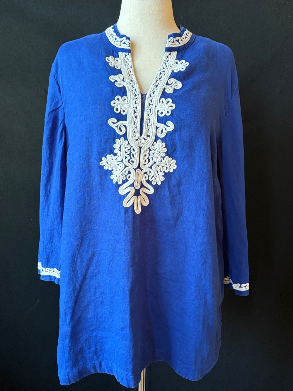 Charter Club Royal Blue Tunic with White Embroidery 100% Linen